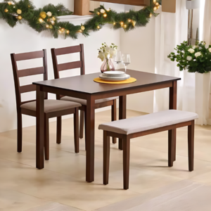 Solid Wood 3-Seater Dining Set with Chairs and Bench - Brown