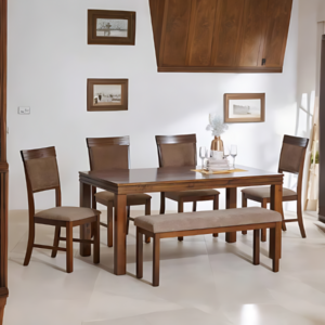 Solid Wood 6-Seater Dining Set with Chairs and Bench - Brown