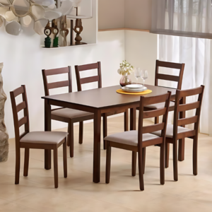 Solid Wood 6-Seater Dining Set with Chairs - Brown
