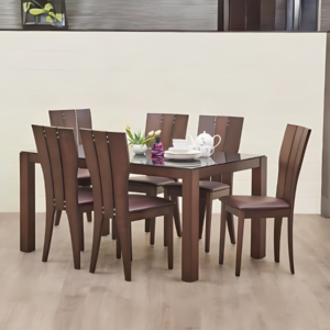 Glass Top 6-Seater Dining Set with Chairs - Brown