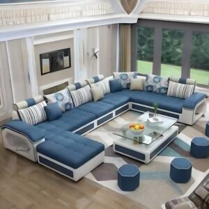 U Shape 9 Seater Fabric Sofa Set with 4 Puffy (Blue & White) Fabric 3 + 2 + 2 + 1