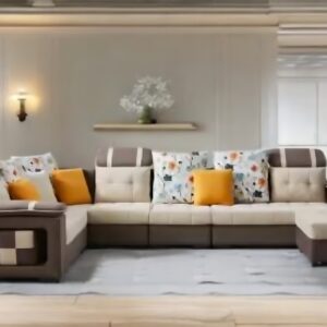 U Shape 9 Seater Fabric Sofa Set with 4 Puffy (Cream - Brown) Fabric 3 + 2 + 2 + 1 Sofa Set (Cream - Brown)