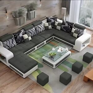 U Shape 9 Seater Fabric Sofa Set with Tea Table & 4 Puffy 2 + 2 + 2 + 1 + 1 + 1 (Dark Green)