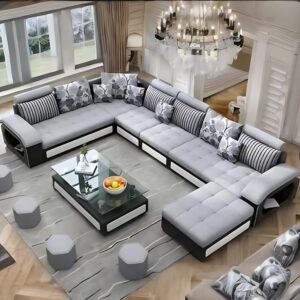 U Shape 9 Seater Fabric Sofa Set with Tea Table & 4 Puffy 2 + 2 + 2 + 1 + 1 + 1 (Grey)