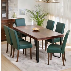 Wood 6-Seater Dining Set with Indus Chairs - Brown and Green